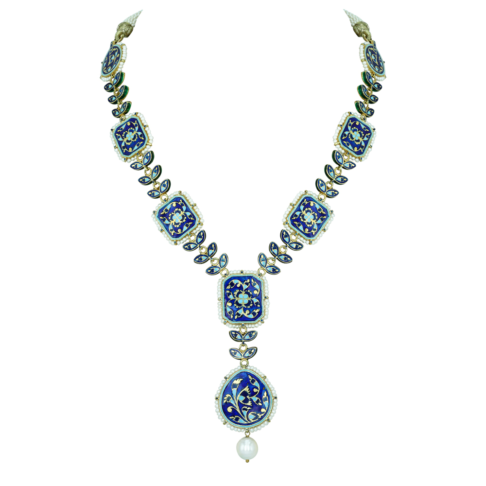 Square Polki Necklace with Turquoise Enamel and Pearl Drop